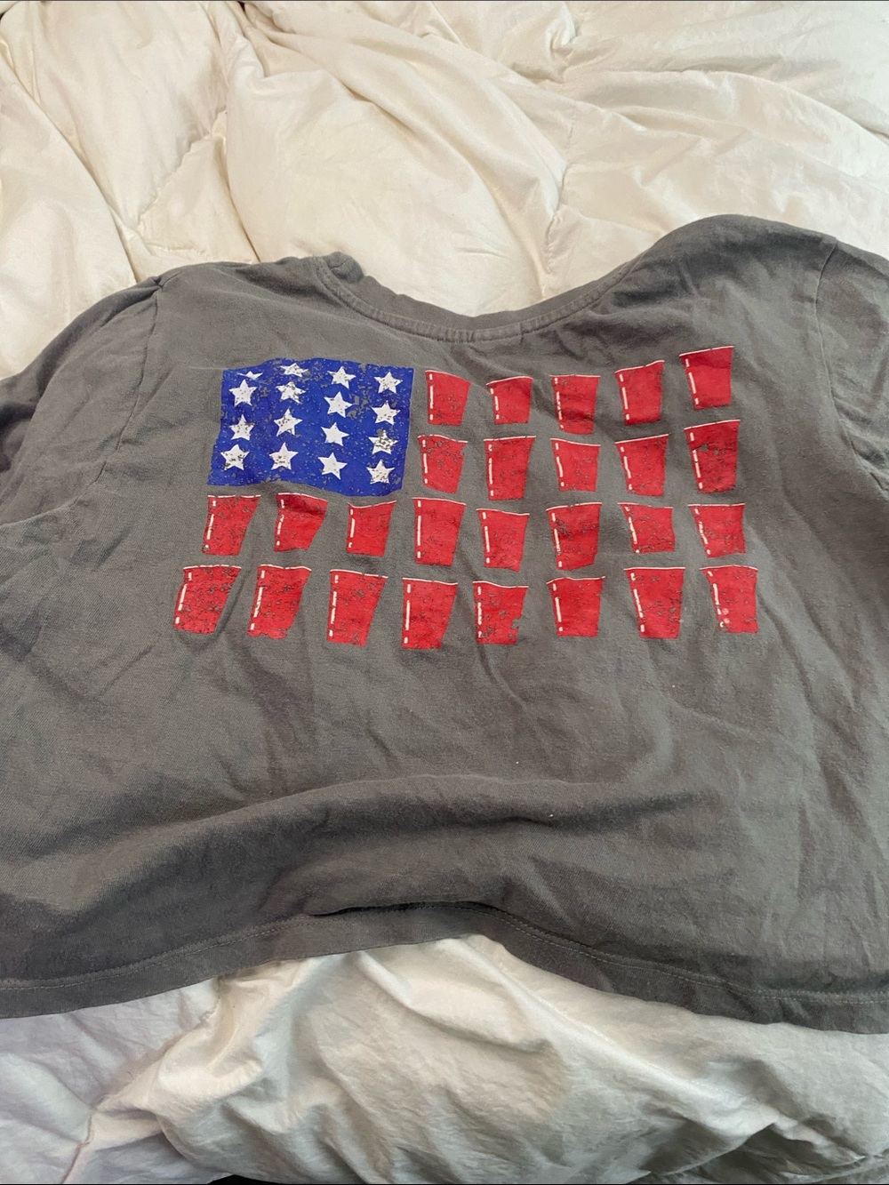 Vibe Gray Short Sleeve Tee with Red & Blue Flag Patch Design